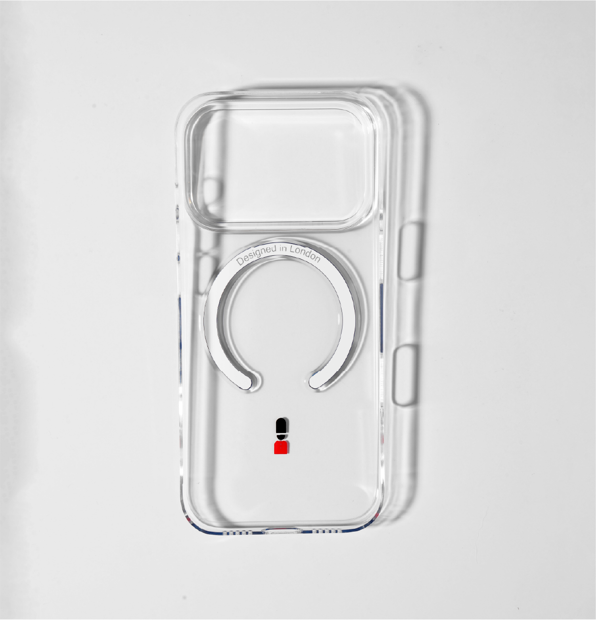 Clear apple iphone 17 pro case with guard icon and blue magsafe charging ring
