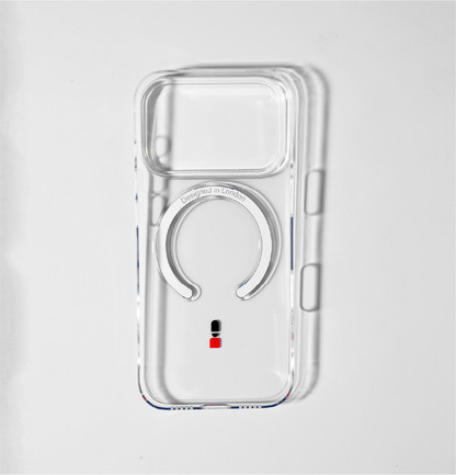 Clear apple iphone 17 pro case with guard icon and blue magsafe charging ring