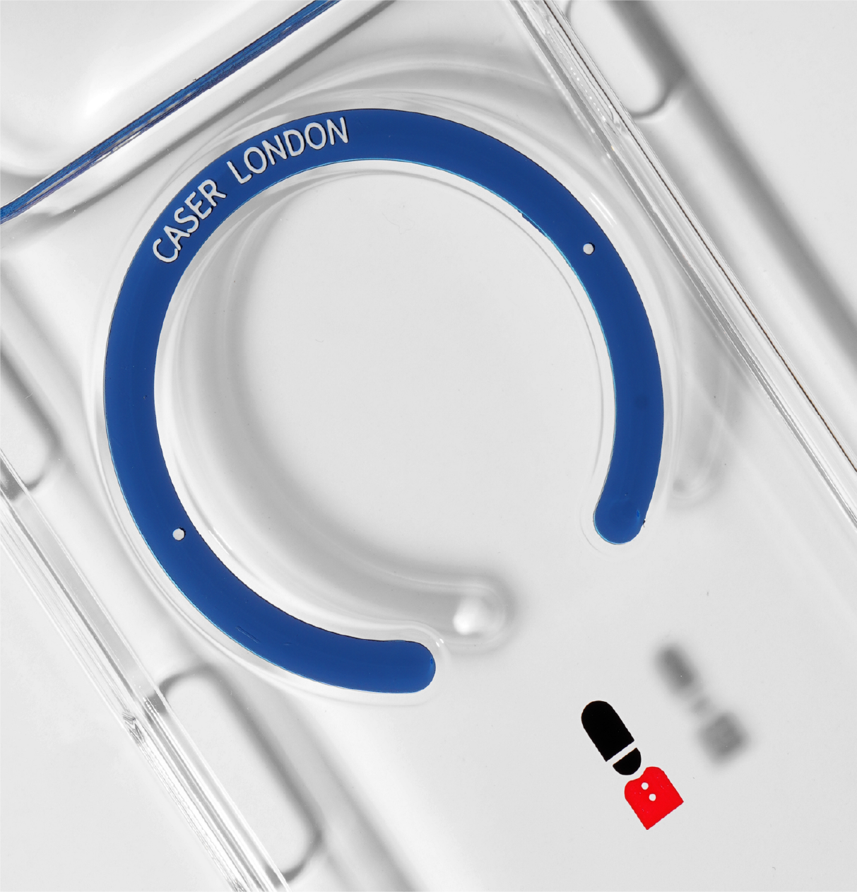 Clear apple iphone 17 pro case with guard icon and blue magsafe charging ring