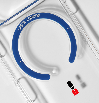 Clear apple iphone 17 pro case with guard icon and blue magsafe charging ring