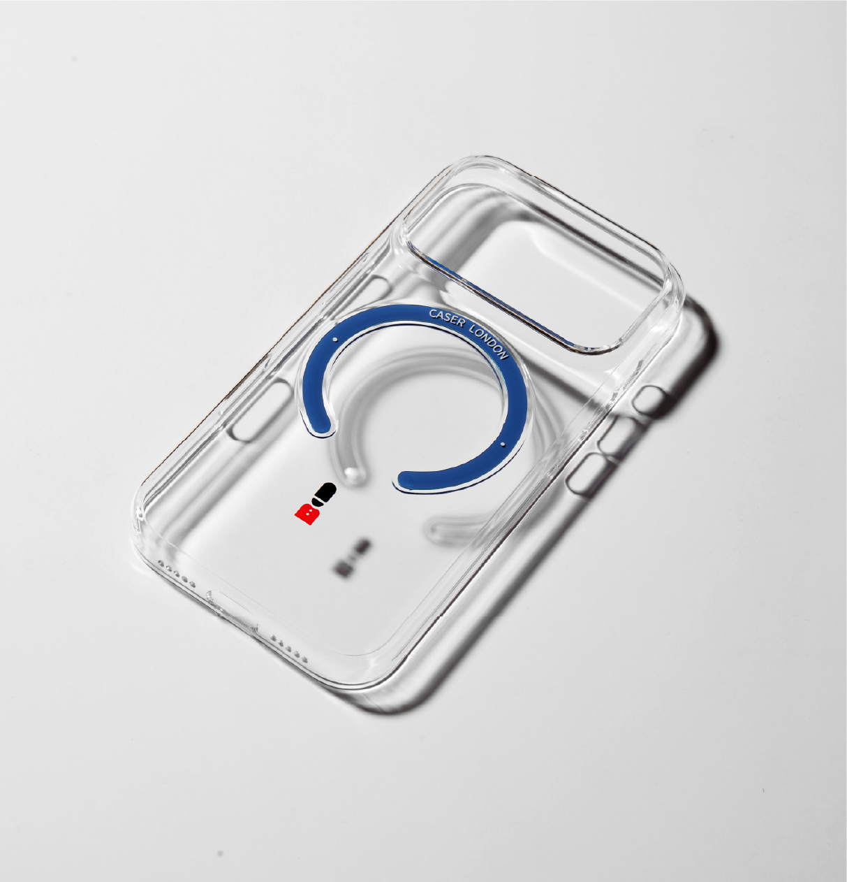 Clear apple iphone 17 pro case with guard icon and blue magsafe charging ring