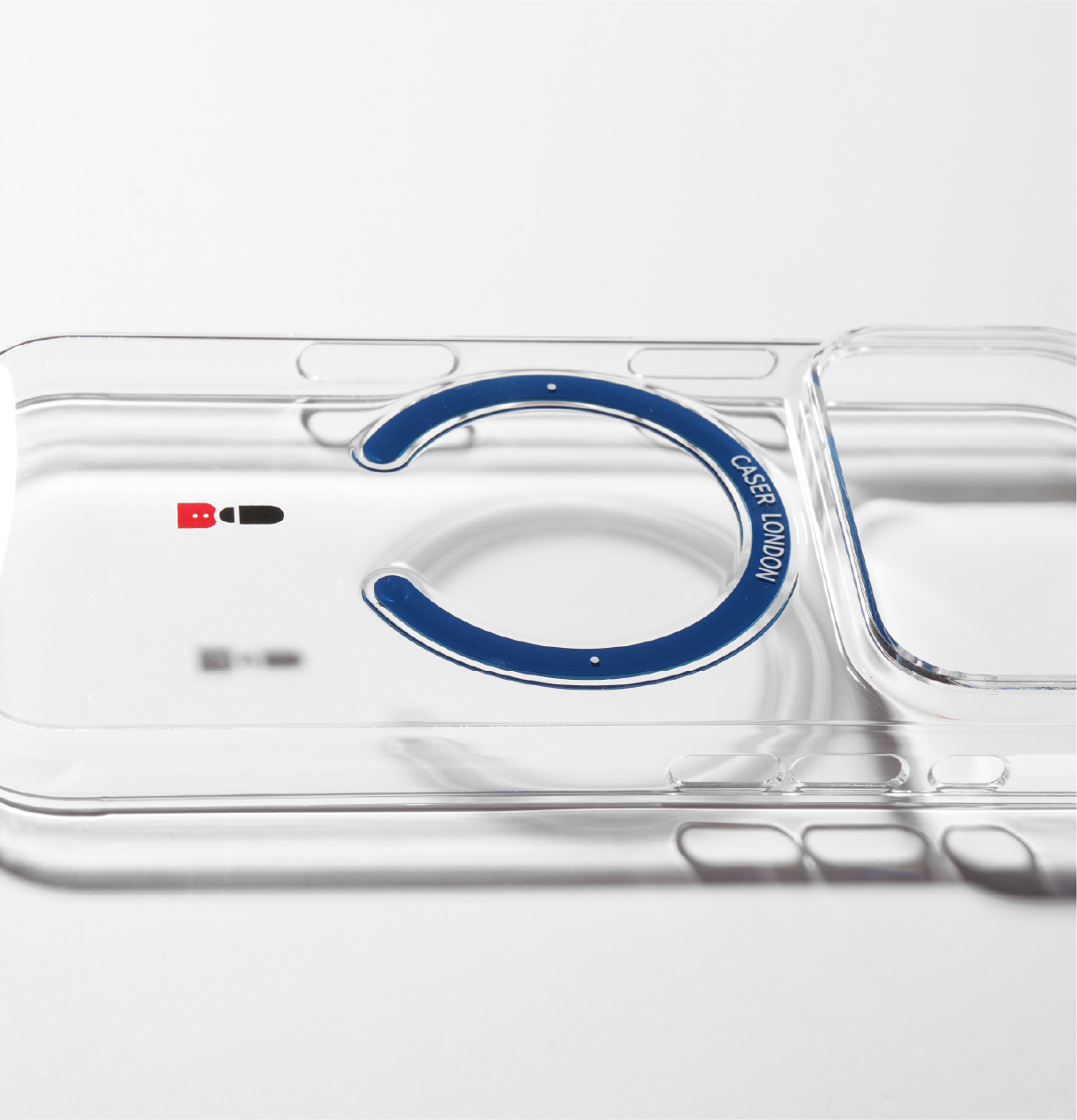 Clear apple iphone 17 pro case with guard icon and blue magsafe charging ring