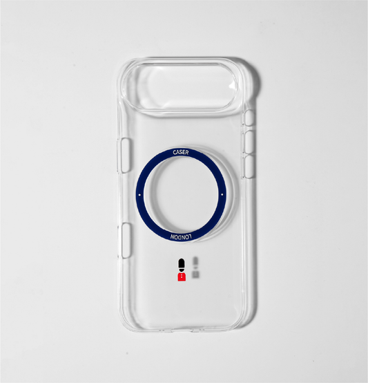 CASER LONDON clear apple iphone air case with guard icon and blue magsafe charging ring