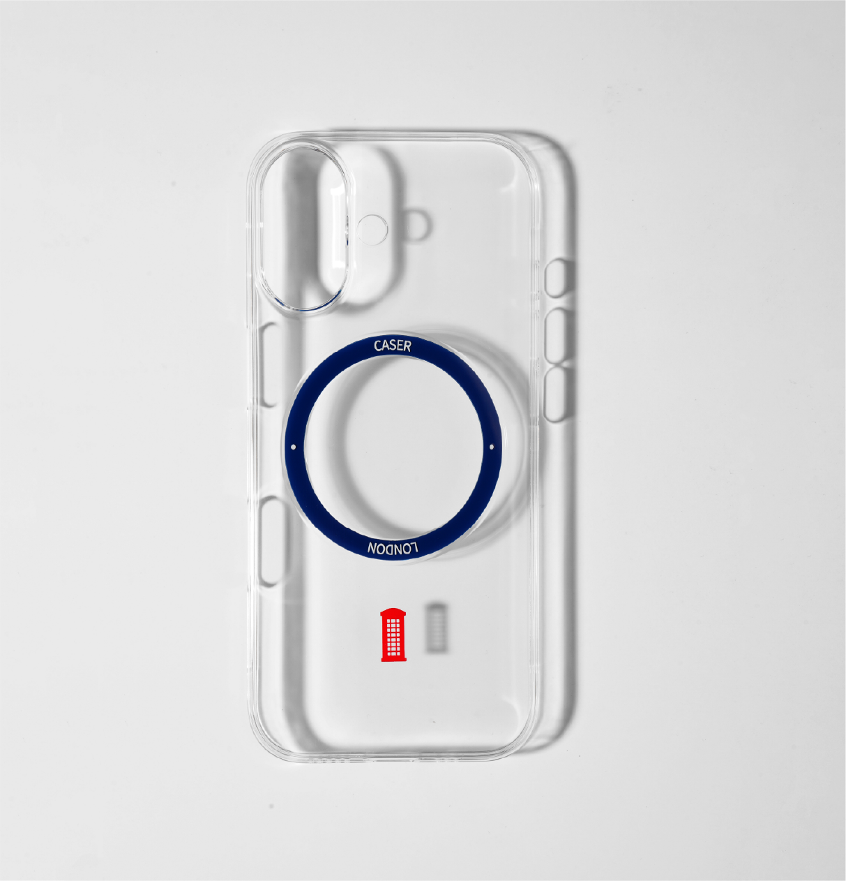 CASER LONDON clear_iphone_17_case_with_telephone_box_icon_and_blue_magsafe_charging_ring
