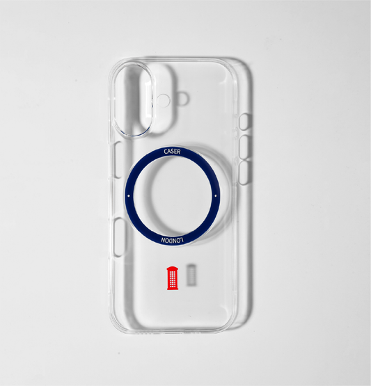 CASER LONDON clear_iphone_17_case_with_telephone_box_icon_and_blue_magsafe_charging_ring