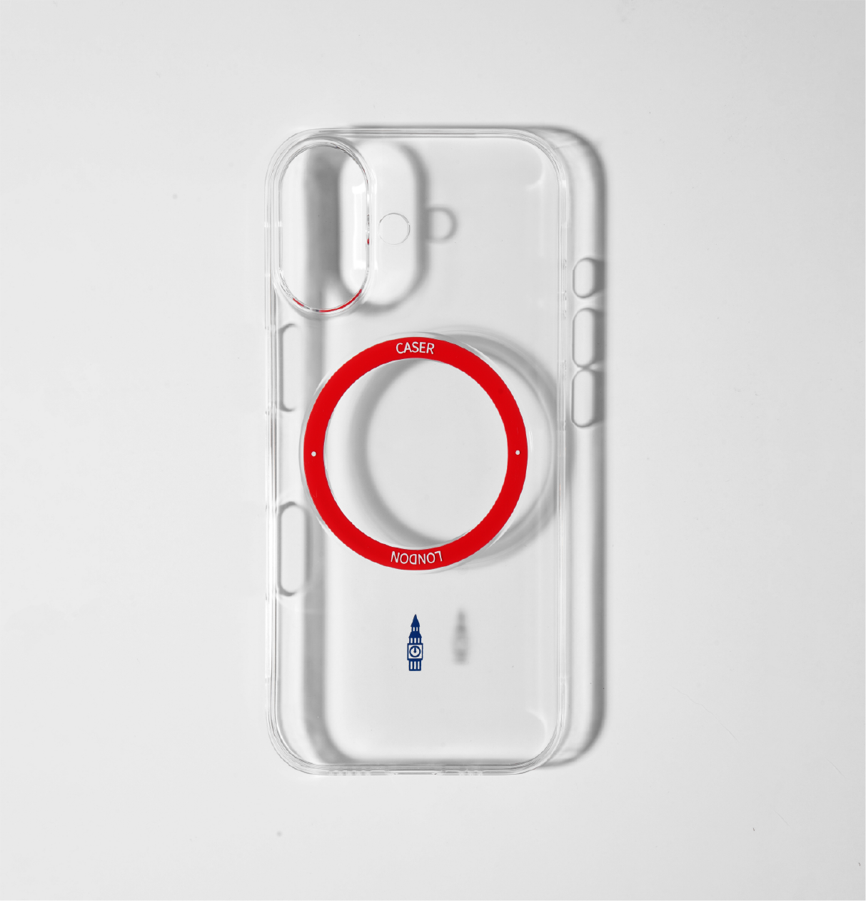 CASER LODNON clear iphone 17 case with big ben icon and red magsafe charging ring 