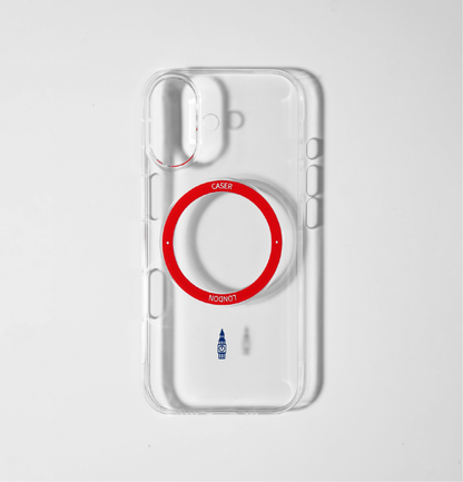 CASER LODNON clear iphone 17 case with big ben icon and red magsafe charging ring 