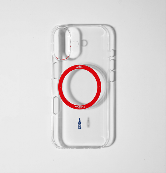 CASER LODNON clear iphone 17 case with big ben icon and red magsafe charging ring 
