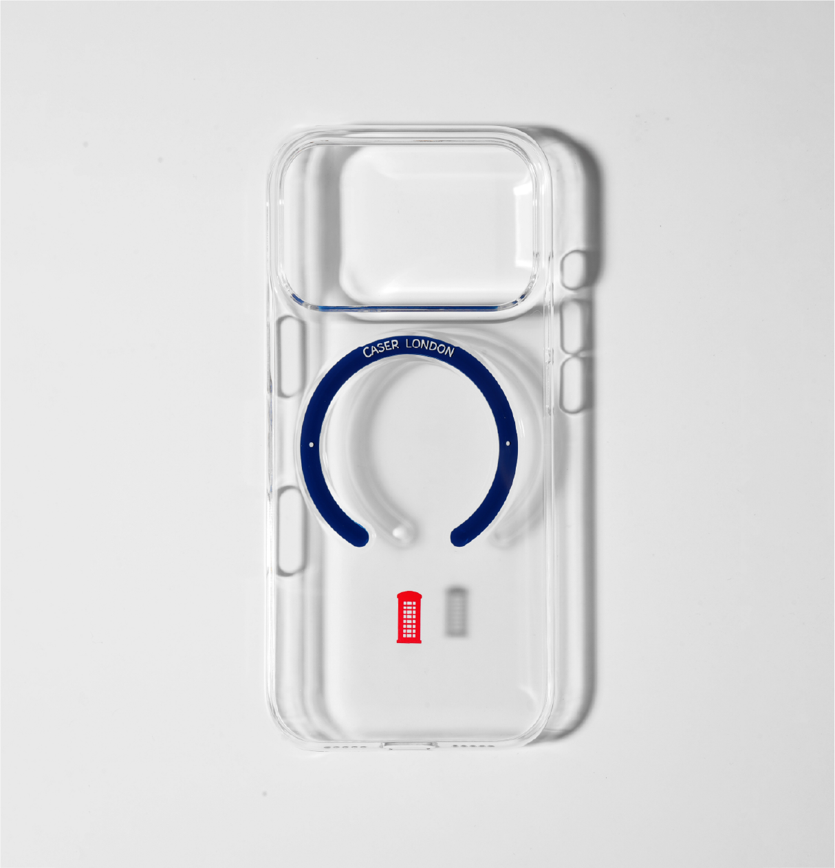 CASER LONDON_clear_iphone_17_pro_case_with_telephone_box_icon_and_blue_magsafe_charging_ring