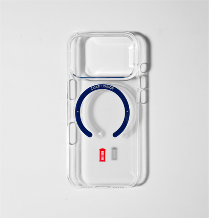 CASER LONDON_clear_iphone_17_pro_case_with_telephone_box_icon_and_blue_magsafe_charging_ring