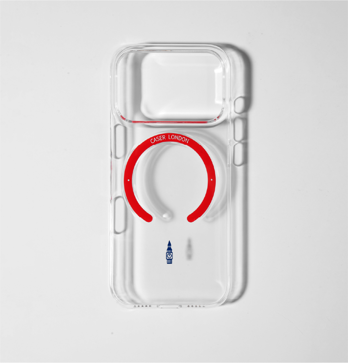 CASER LODNON clear iphone 17 pro case with big ben icon and red magsafe charging ring 