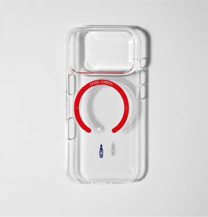 CASER LODNON clear iphone 17 pro case with big ben icon and red magsafe charging ring 