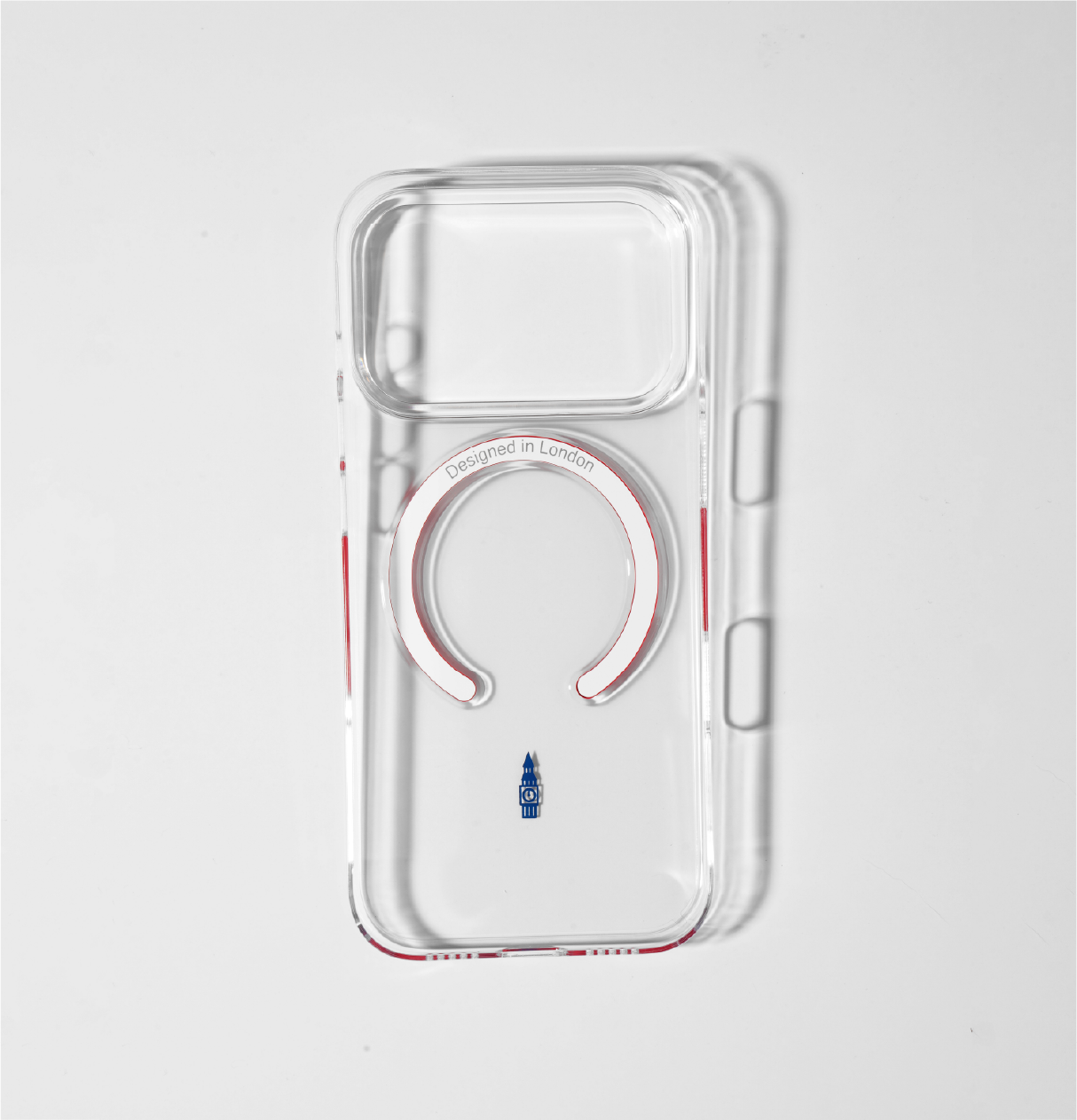 Clear iphone 17 pro case with big ben icon and red magsafe charging ring 
