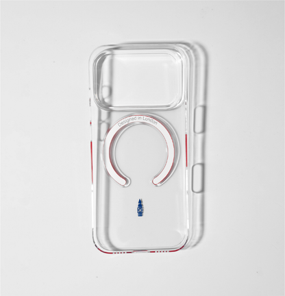 Clear iphone 17 pro case with big ben icon and red magsafe charging ring 