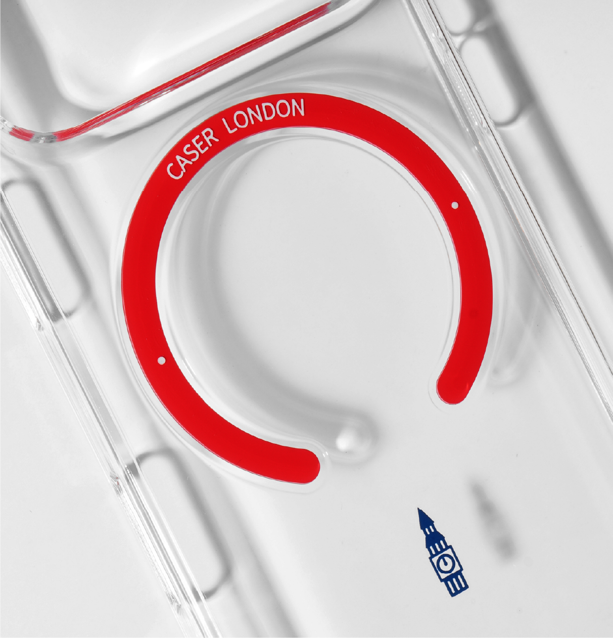 Clear iphone 17 pro case with big ben icon and red magsafe charging ring 