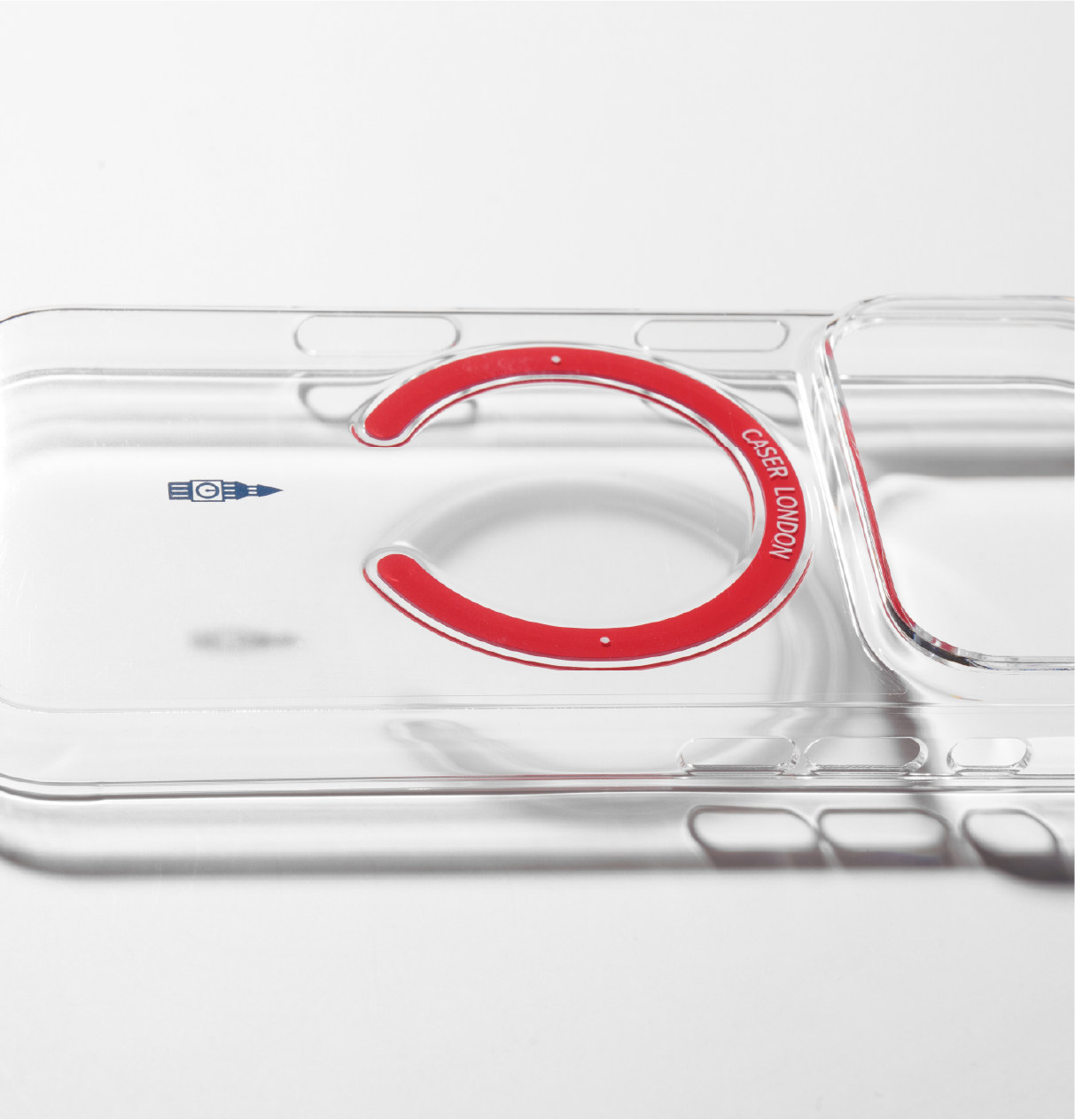Clear iphone 17 pro case with big ben icon and red magsafe charging ring 