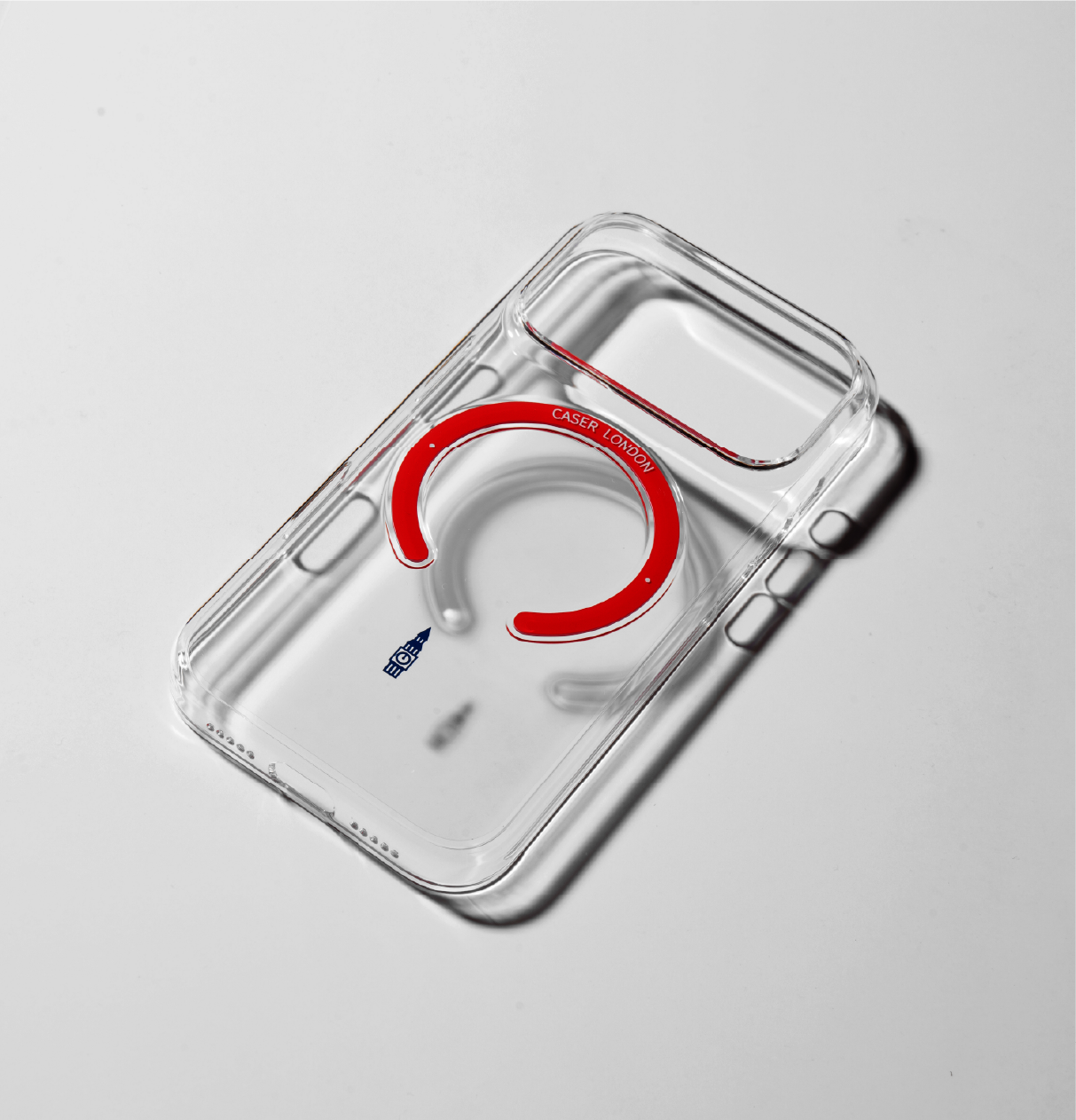 Clear iphone 17 pro case with big ben icon and red magsafe charging ring 