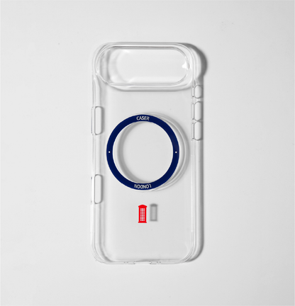 CASER LONDON_clear_iphone_air_case_with_telephone_box_icon_and_blue_magsafe_charging_ring