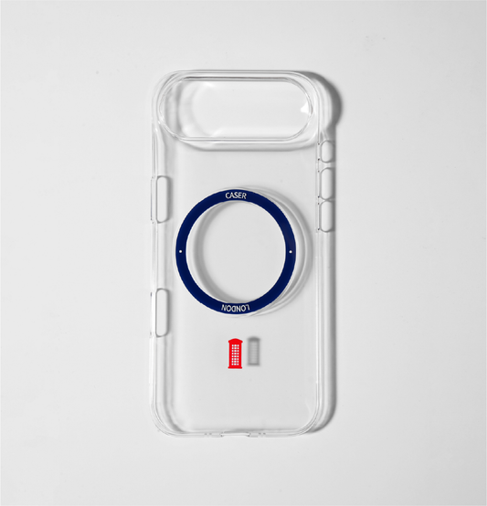 CASER LONDON_clear_iphone_air_case_with_telephone_box_icon_and_blue_magsafe_charging_ring