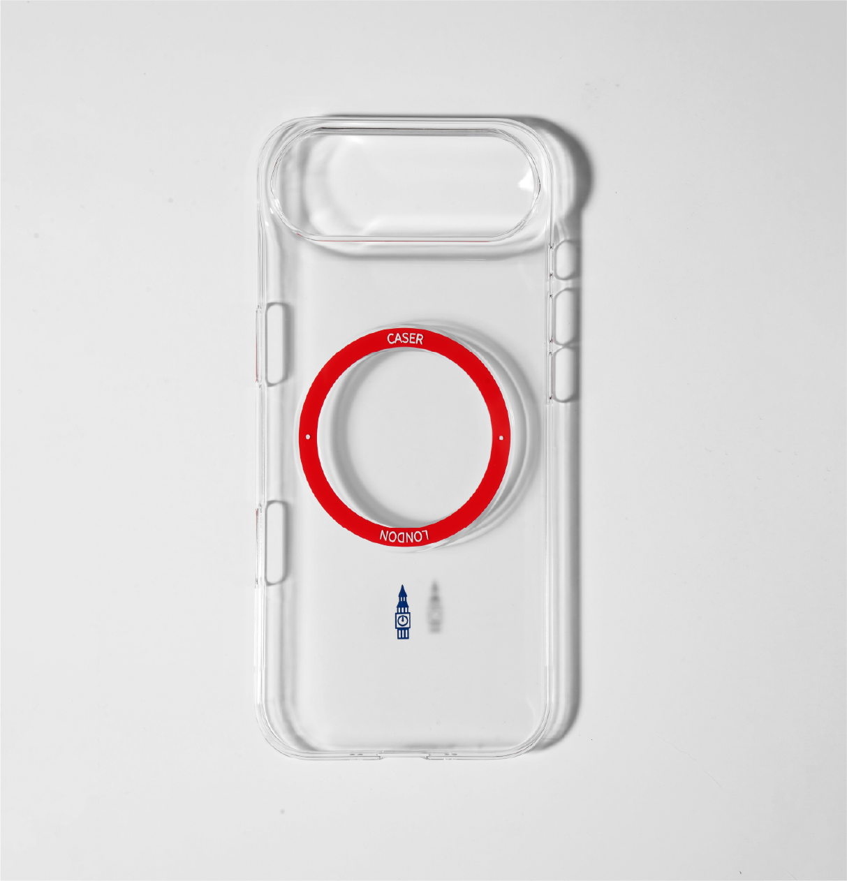CASER LODNON clear iphone air case with big ben icon and red magsafe charging ring 