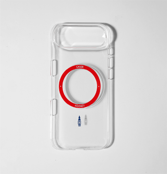 CASER LODNON clear iphone air case with big ben icon and red magsafe charging ring 