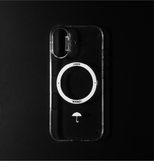 CASER LONDON Ultra slim clear iphone 17 case with umbrella icon and white magsafe charging ring