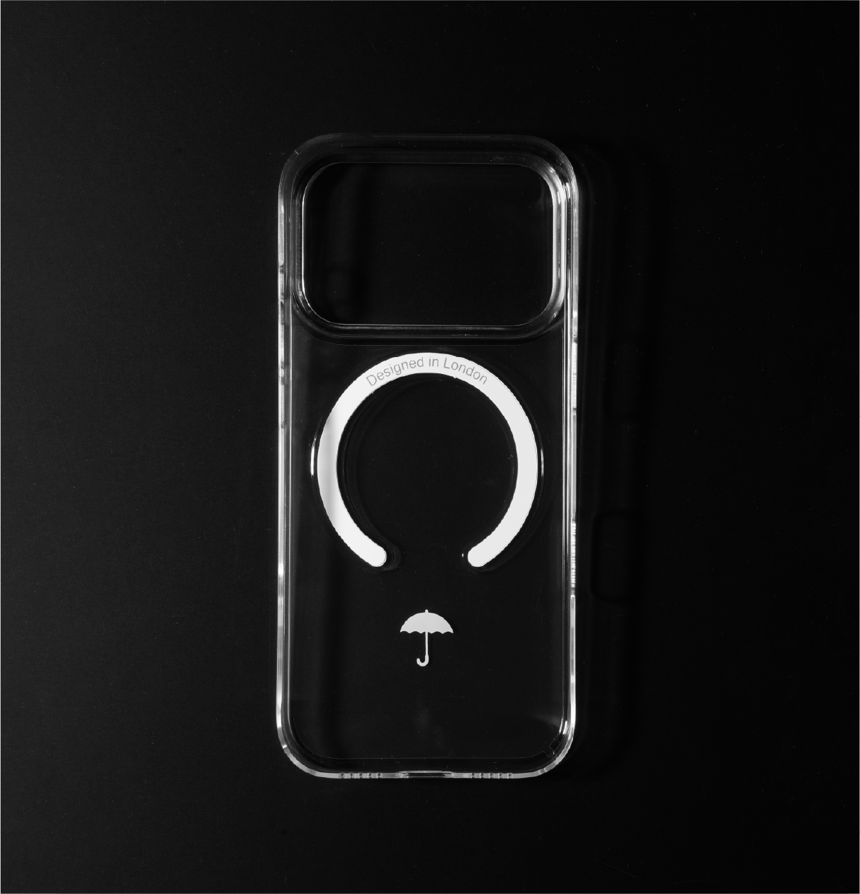 Ultra slim clear iphone 17 pro case with umbrella icon and white magsafe charging ring