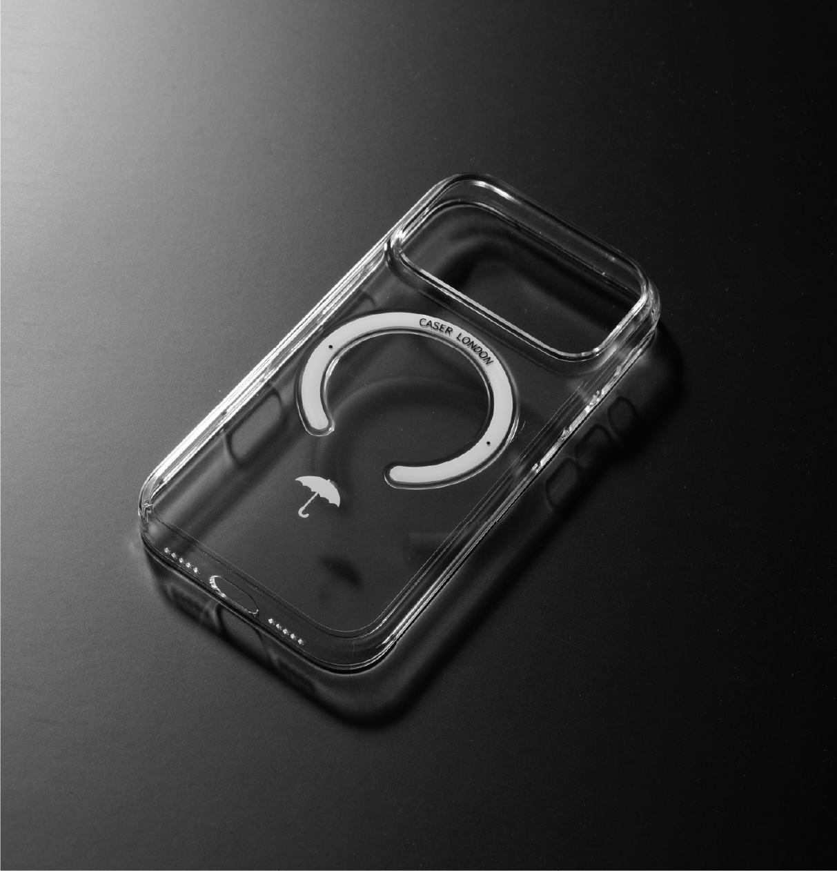 Ultra slim clear iphone 17 pro case with umbrella icon and white magsafe charging ring