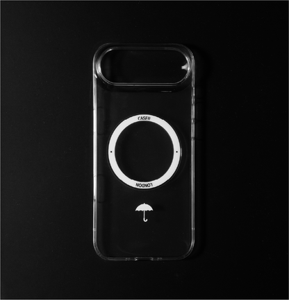 CASER LONDON Ultra slim clear iphone air case with umbrella icon and white magsafe charging ring
