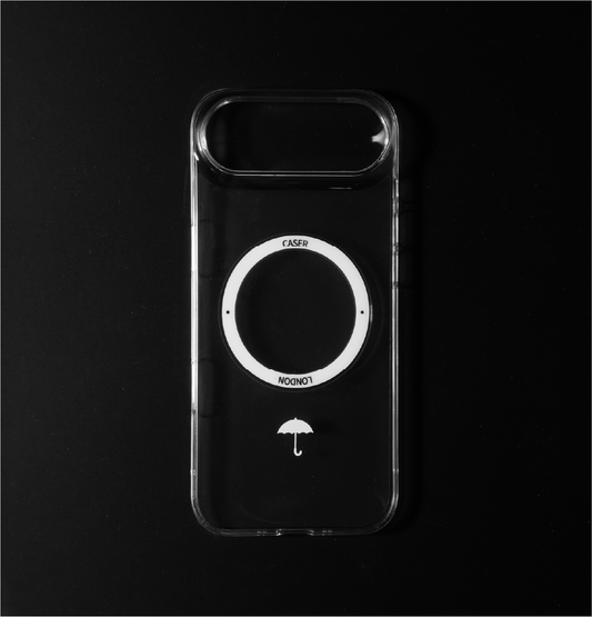 CASER LONDON Ultra slim clear iphone air case with umbrella icon and white magsafe charging ring