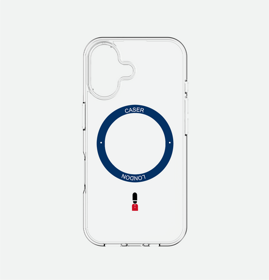CASER LONDON clear apple iphone 16 case with guard icon and blue magsafe charging ring