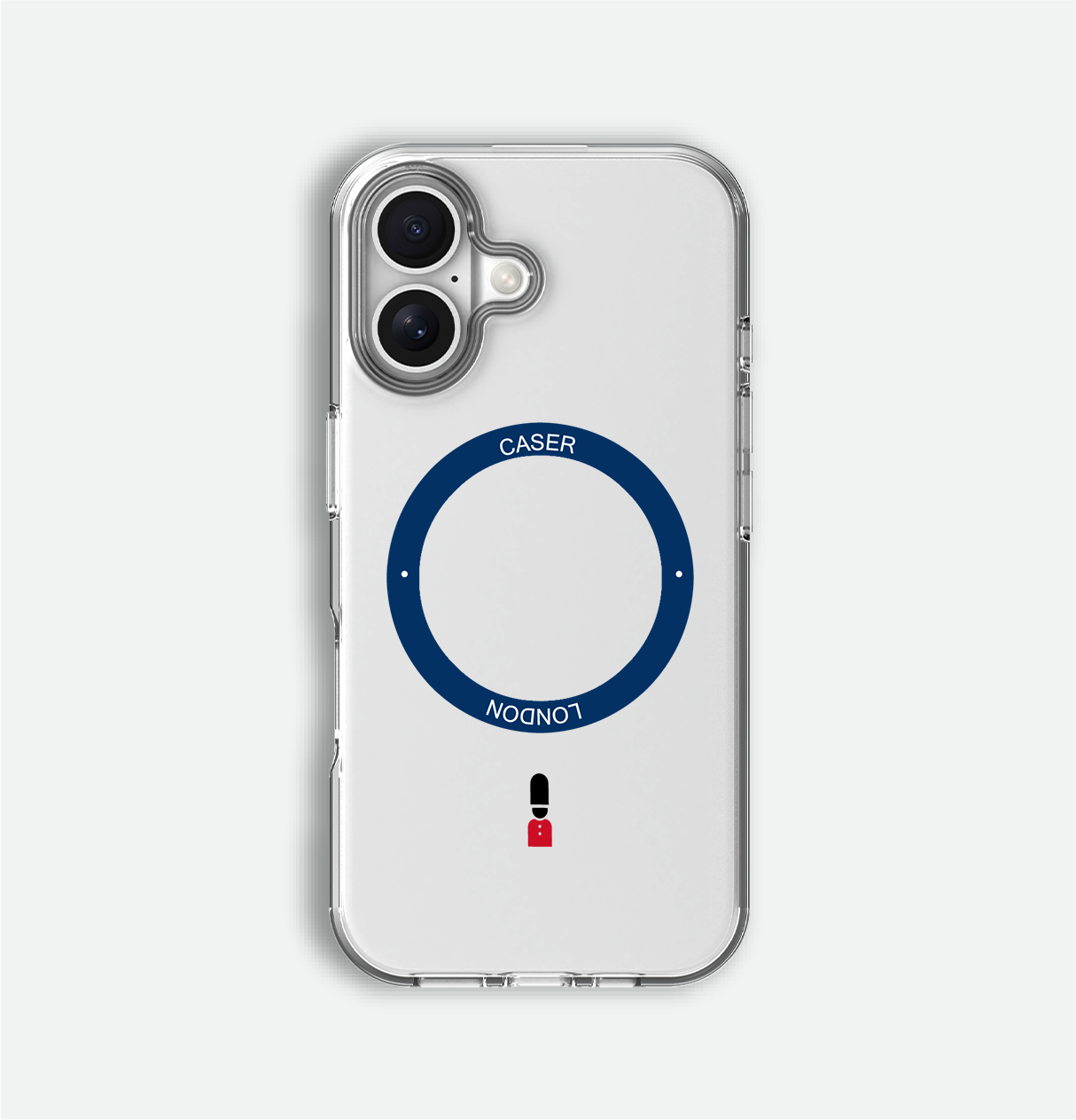 Clear apple iphone 16 case with guard icon and blue magsafe charging ring on iPhone 16