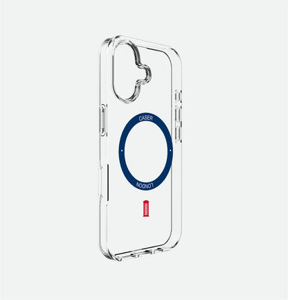 Clear iphone 16 case with telephone box icon and royal blue magsafe charging ring 