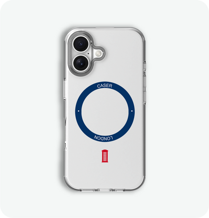 clear iphone 16 case with telephone box icon and royal blue magsafe charging ring on iPhone 16
