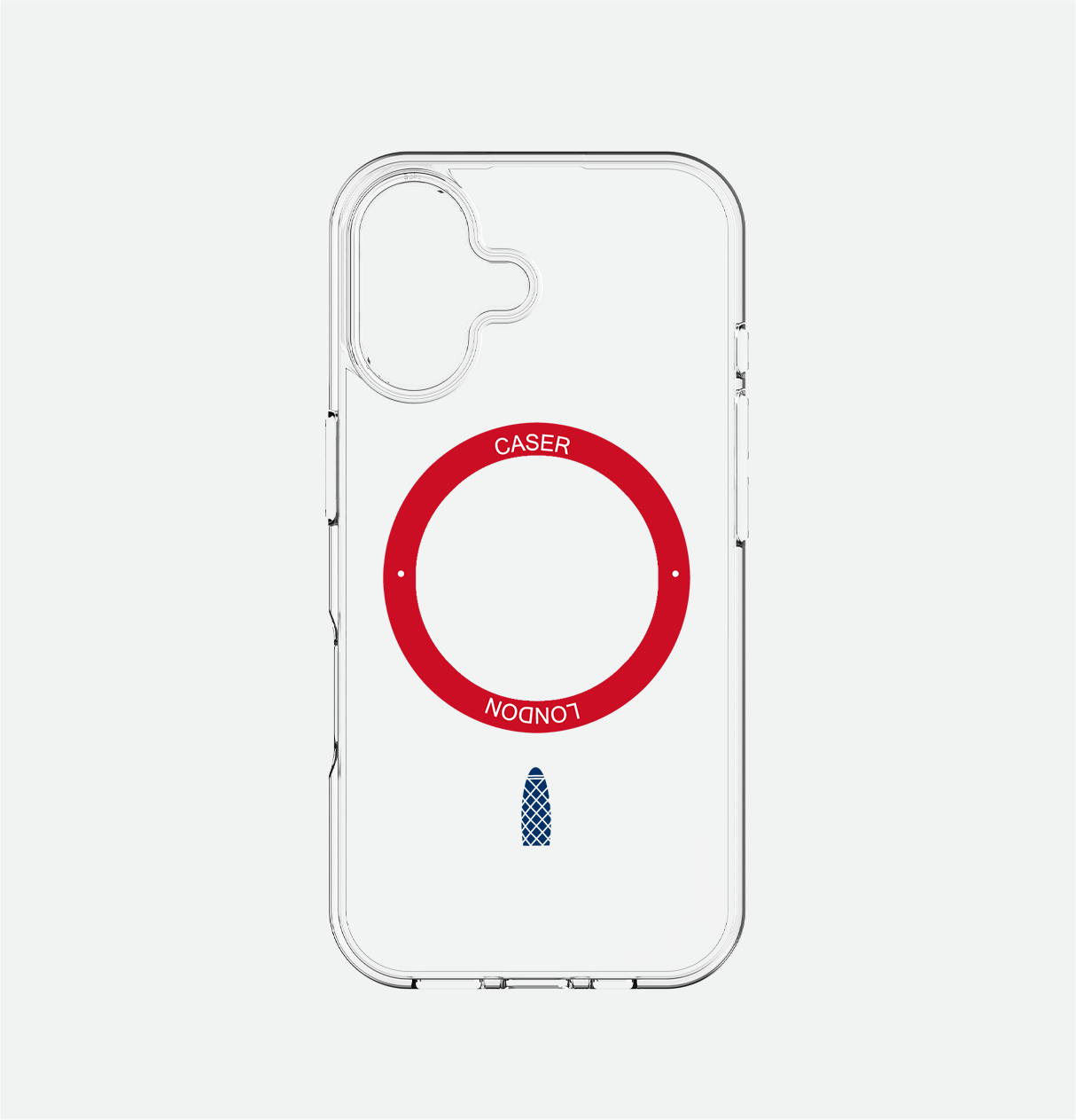 CASER LONDON clear apple iphone 16 case with skyline icon and red magsafe charging ring