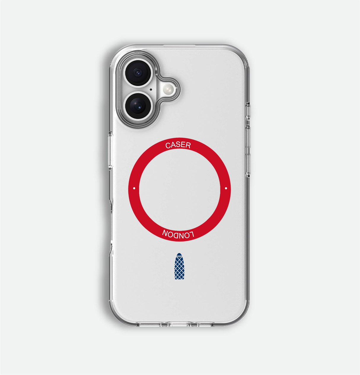 Clear apple iphone 16 case with skyline icon and red magsafe charging ring on iPhone 16