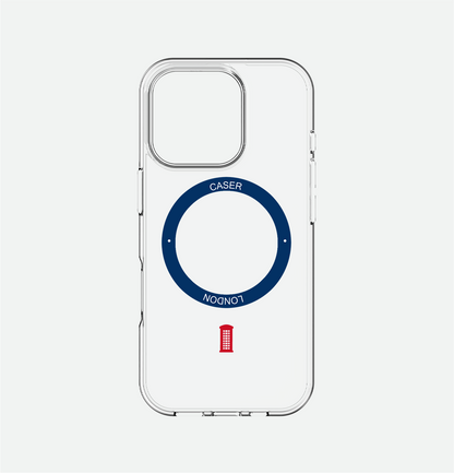 CASER LONDON clear iphone 16 pro case with telephone box icon and royal blue magsafe charging ring 