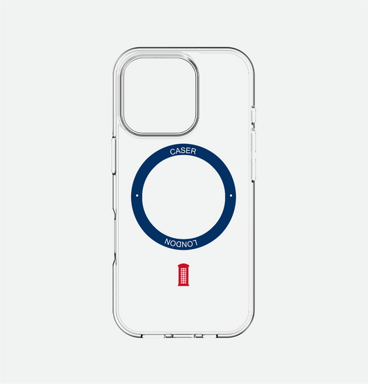 CASER LONDON clear iphone 16 pro case with telephone box icon and royal blue magsafe charging ring 