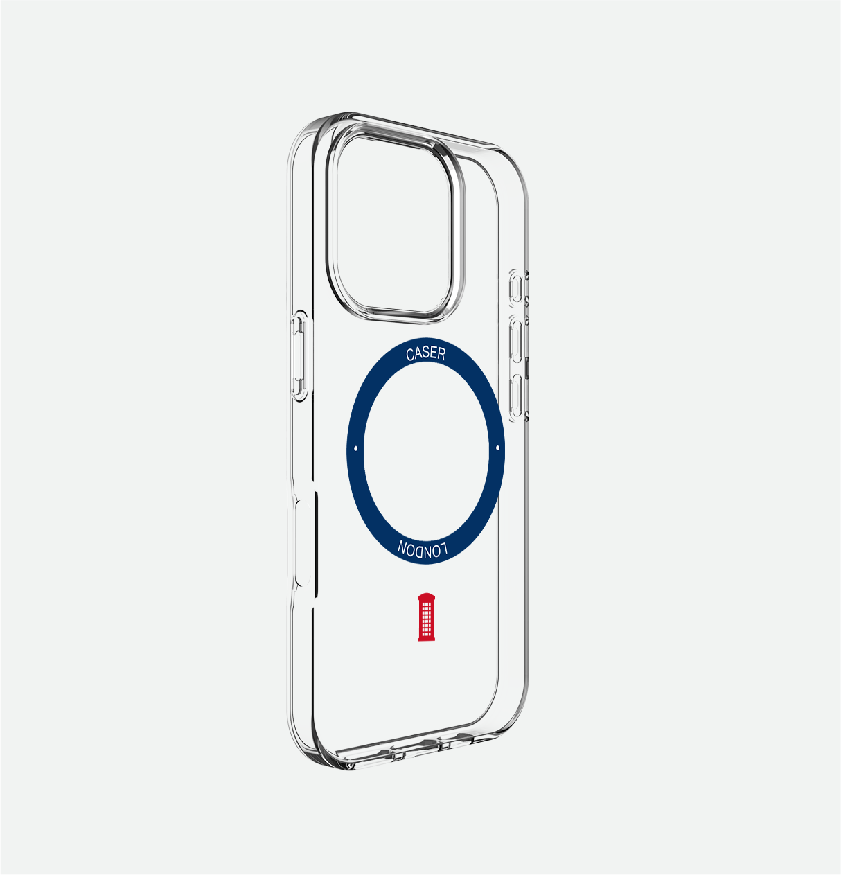clear iphone 16 pro case with telephone box icon and royal blue magsafe charging ring 