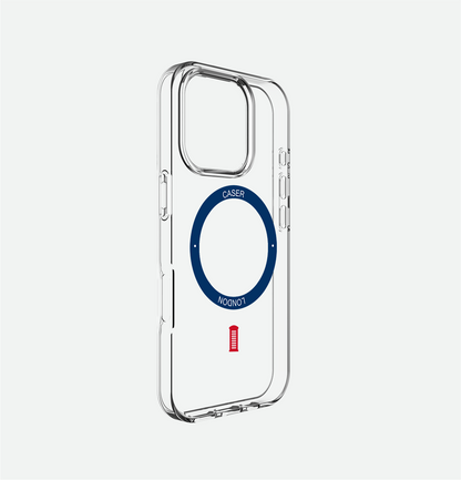 clear iphone 16 pro case with telephone box icon and royal blue magsafe charging ring 