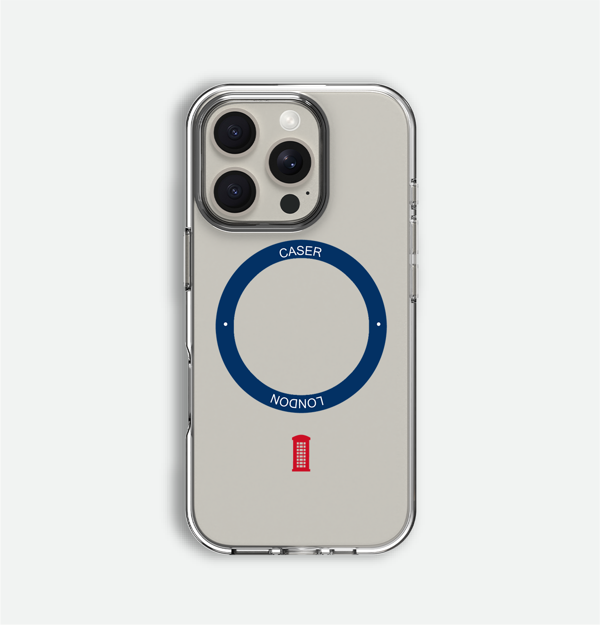 clear iphone 16 pro case with telephone box icon and royal blue magsafe charging ring on iPhone