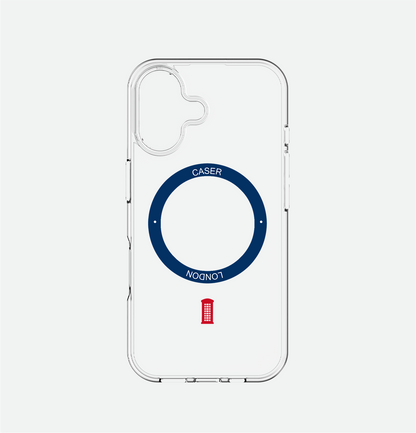 CASER LONDON clear iphone 16 case with telephone box icon and royal blue magsafe charging ring 