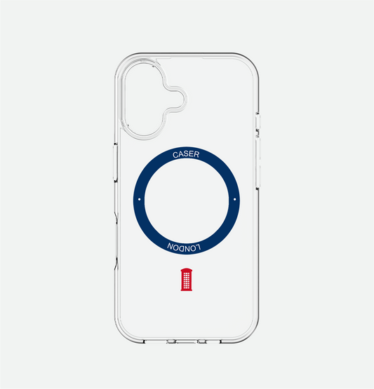 CASER LONDON clear iphone 16 case with telephone box icon and royal blue magsafe charging ring 