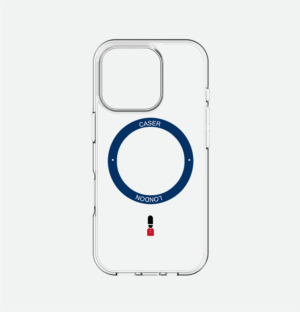 CASER LONDON clear apple iphone 16 pro case with guard icon and blue magsafe charging ring