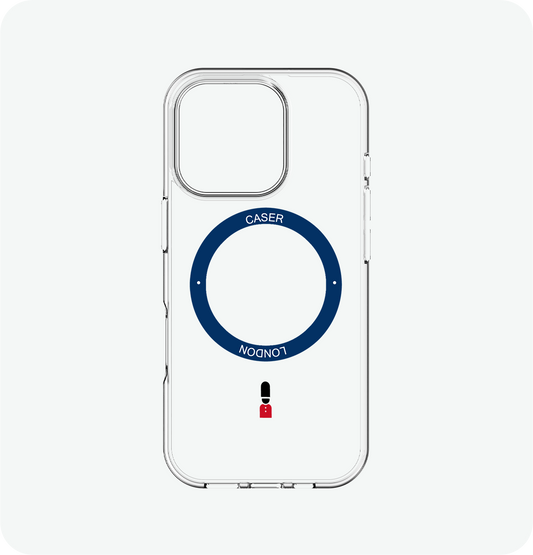 CASER LONDON clear apple iphone 16 pro case with guard icon and blue magsafe charging ring