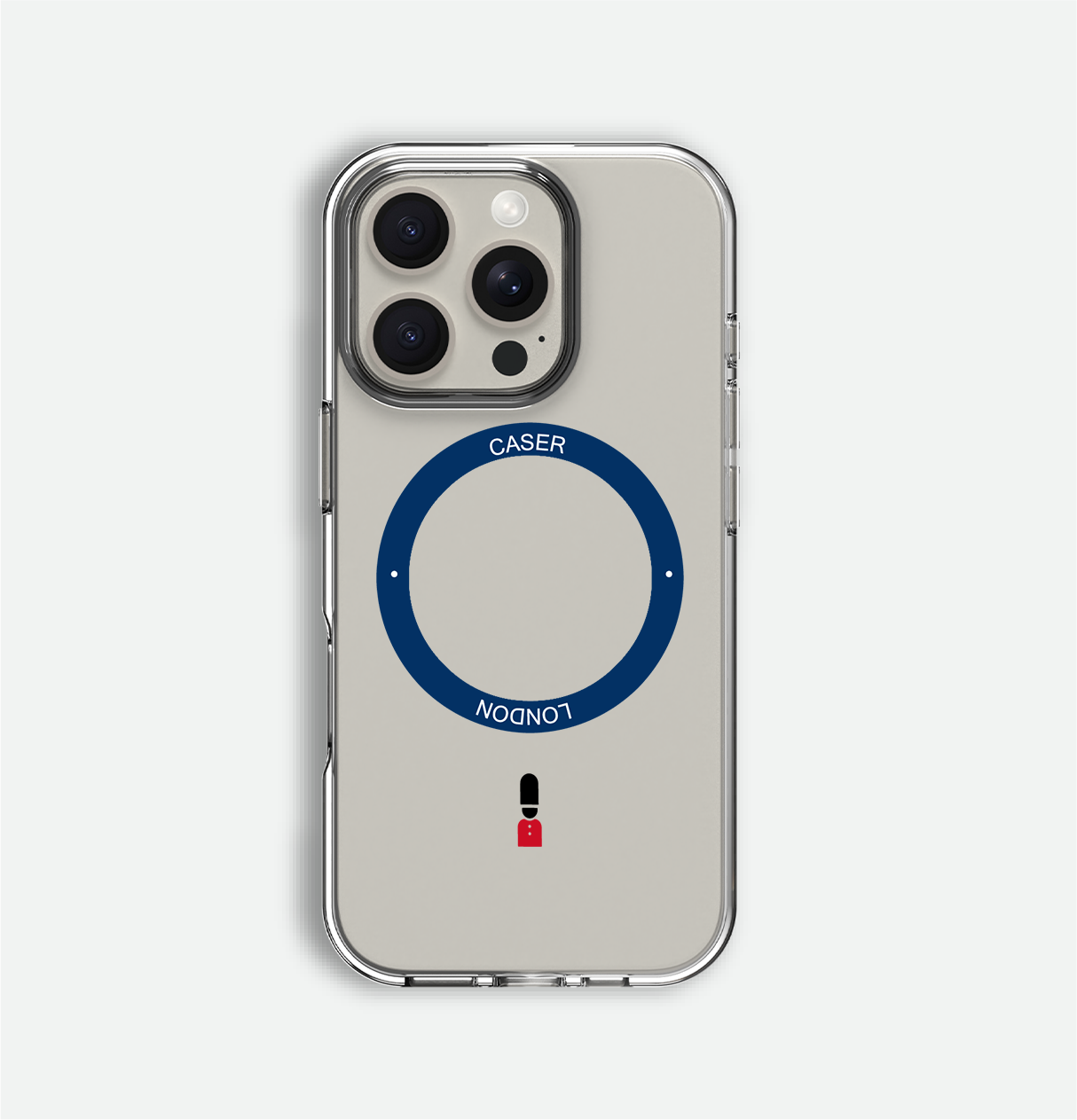 Clear apple iphone 16 pro case with guard icon and blue magsafe charging ring on iPhone 16 pro