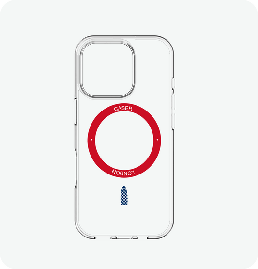 CASER LONDON clear apple iphone 16 pro case with skyline icon and red magsafe charging ring