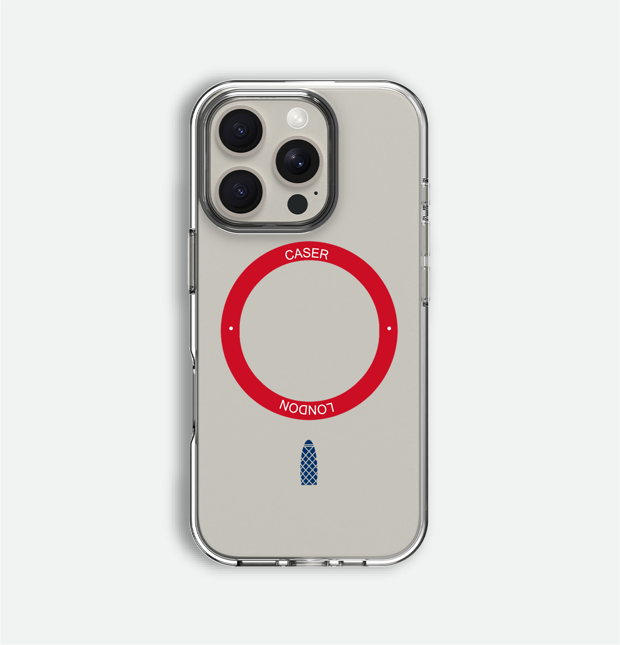 Clear apple iphone 16 pro case with skyline icon and red magsafe charging ring on iPhone 16 pro