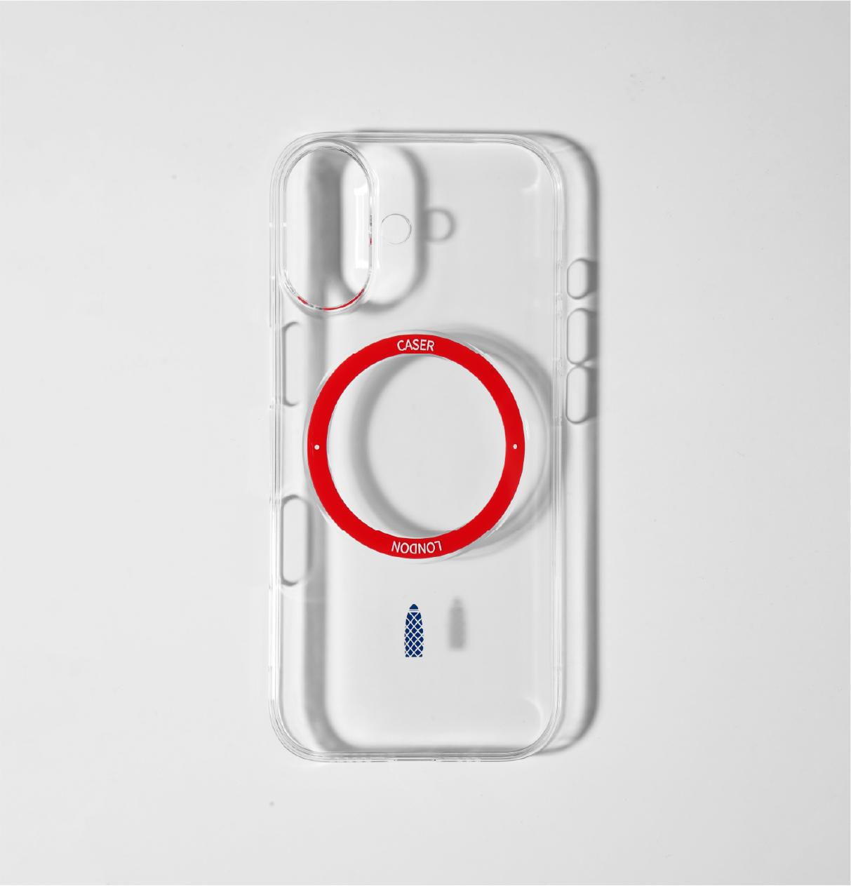 CASER LONDON clear apple iphone 17 case with skyline icon and red magsafe charging ring