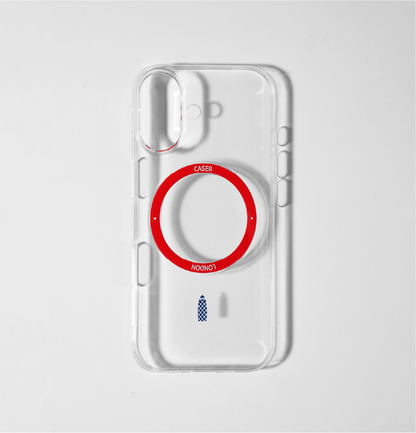 CASER LONDON clear apple iphone 17 case with skyline icon and red magsafe charging ring